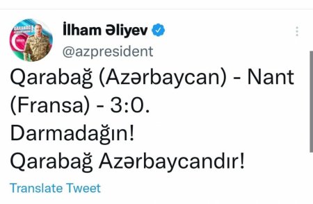 Azərbaycan Prezidenti İlham Əliyev “Qarabağ” klubunun Fransanın “Nant” komandası üzərində inamlı qələbəsi ilə bağlı paylaşım edib