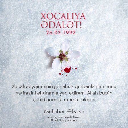 Birinci vitse-prezident Mehriban Əliyeva Xocalı soyqırımı ilə bağlı paylaşım edib - FOTO Birinci vitse-prezident Mehriban Əliyeva Xocalı soyqırımı ilə bağlı paylaşım edib - FOTO