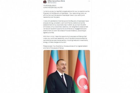 Keniya Prezidenti dövlət başçısı İlham Əliyevi seçkilərdə qələbəsi münasibətilə təbrik edib Keniya Prezidenti dövlət başçısı İlham Əliyevi seçkilərdə qələbəsi münasibətilə təbrik edib